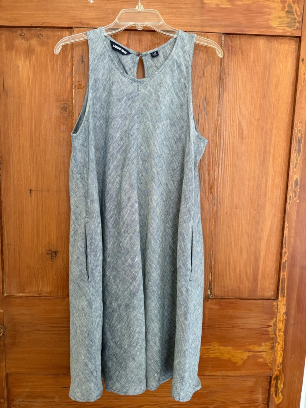 Lands' End Blue White Heather Linen Dress Pockets Size LP